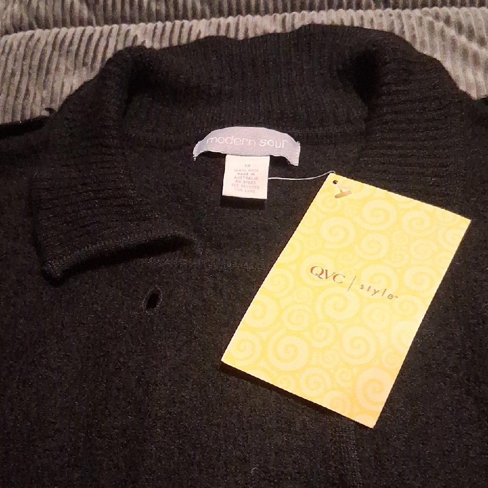 Modern Soul Womens Wool Black Ribbed Collar Cardigan